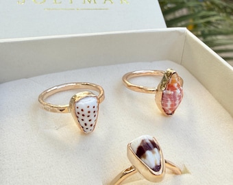 Handmade Hawaiian Shell Ring, 14k Gold Filled Bezel, Hammered Band Jewelry