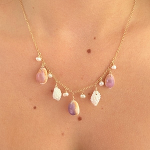 Purple Cowrie Shell Charm Necklace: 14k Gold Filled, Keshi Pearls