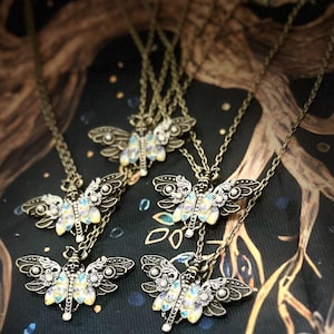 Skeleton Moth Necklace with Iridescent Wings, Gothic Boho Jewelry, Celestial Insect Pendant, Dark Academia Gift for Her