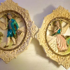 Vintage United Mfg Wall Plaques | 3D Courting Couple Rococo Style | 1950s Syroco Era Baroque Wall Decor | Shabby Chic Hollywood Regency