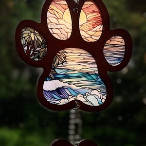 Rainbow Paw Print Suncatcher | Pet Memorial Stained Glass Style Window Charm with Hanging Heart