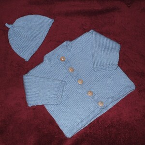 Hand knit baby sweater and cap in light blue wool microfiber and cashmere