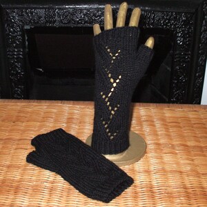 Black Wool hand knit fingerless mittens or gloves