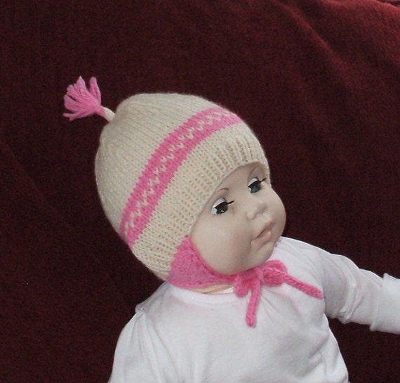 Hand Knit White and Pink Wool Ear Flap Winter Hat - Main Image