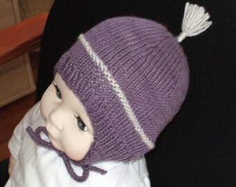 Adorable ear flap hat for baby or toddler hand knit in a lovely 15 percent Silk and 85 percent Wool