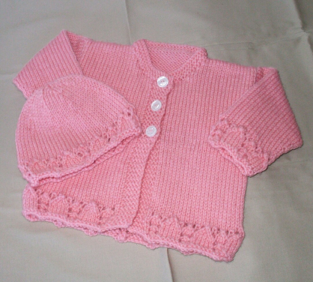 Hand Knit Baby Sweater in Pink Wool and With Lace Edges Etsy