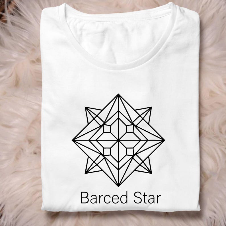 May include: A white t-shirt with a geometric black star design. The design is a symmetrical star shape with multiple points and interior geometric shapes. The text "Barced Star" is printed below the design in a sans-serif font.