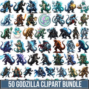 Puede incluir: Una colección digital de 50 ilustraciones de personajes de Godzilla con varios temas, incluyendo guerreros, chefs, exploradores y criaturas fantásticas, con acentos de energía azul, mostrados en una cuadrícula con el texto 50 GODZILLA CLIPART BUNDLE.