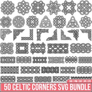 May include: A collection of 50 black and white Celtic knot designs, including corners, borders, and circular patterns. The designs are intricate and suitable for various craft projects. The image includes the text "50 Celtic Corners SVG Bundle."