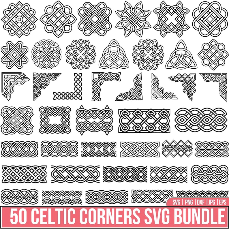 May include: A collection of 50 black and white Celtic knot designs, including corners, borders, and circular patterns. The designs are intricate and suitable for various craft projects. The image includes the text "50 Celtic Corners SVG Bundle."