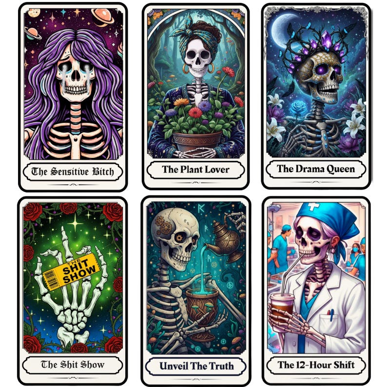 Puede incluir: Juego de seis cartas de tarot con ilustraciones de esqueletos. Cada carta tiene un dise&ntilde;o &uacute;nico, incluyendo un esqueleto con pelo morado, un esqueleto sosteniendo una planta y un esqueleto con una corona. Las cartas tienen texto como "The Sensitive Bitch" y "The Shit Show".