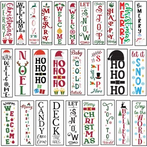 May include: A collection of vertical Christmas-themed signs with various festive messages. The signs feature phrases like "Merry Christmas," "Welcome," and "Let it Snow," in red, green, and white. Some signs include holiday graphics.