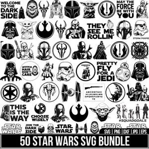 May include: A collection of 50 Star Wars SVG designs in black and white. Includes characters like Darth Vader, Yoda, and the Mandalorian, along with quotes such as "Welcome to the Dark Side" and "May the Force Be With You."