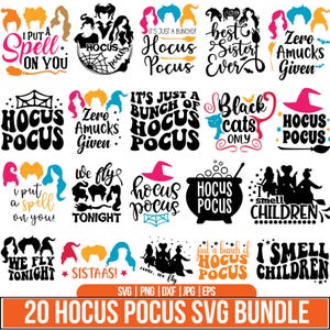 Hocus Pocus SVG PNG-paket, Sanderson Sisters Svg, Häxor Svg, Halloween Svg, Häxhatt Svg, Hocus Pocus Clipart, För Cricut, Silhuett