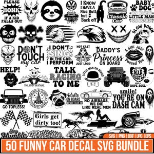 May include: A collection of 50 black and white car decal designs featuring various graphics including skulls, eagles, jeeps, sports cars, racing flags, and humorous text phrases like 'Don't touch my car' and 'Girls get dirty too' for vehicle customization.