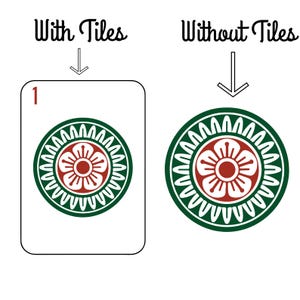 May include: A graphic with two designs: a white card with a green and red floral pattern and the number 1, and a circular green and red floral design. Text above reads "With Tiles" and "Without Tiles".