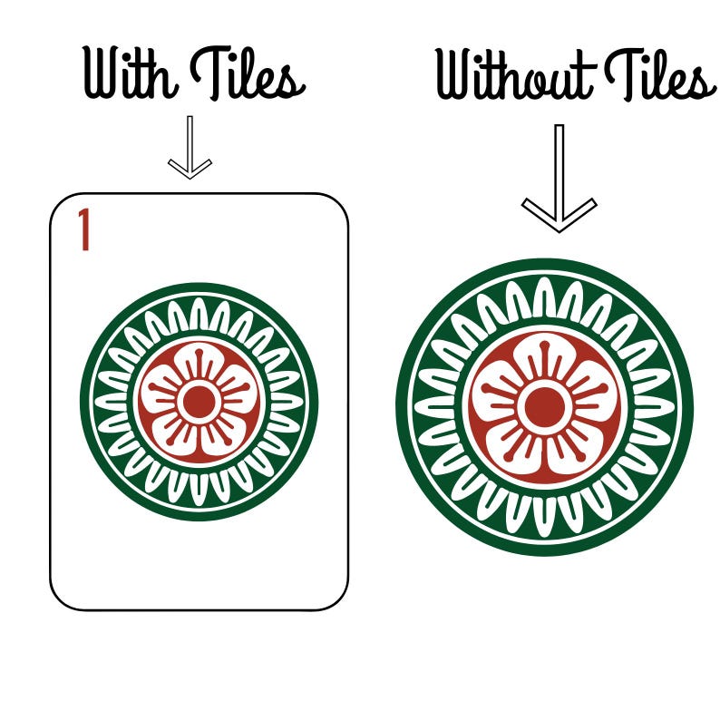 May include: A graphic with two designs: a white card with a green and red floral pattern and the number 1, and a circular green and red floral design. Text above reads "With Tiles" and "Without Tiles".