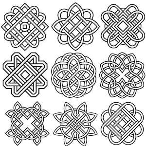 May include: Nine black and white Celtic knot designs. Each design features intricate interwoven lines, creating symmetrical patterns. The knots vary in shape, including squares, circles, and floral-like forms. The designs are suitable for various craft projects.