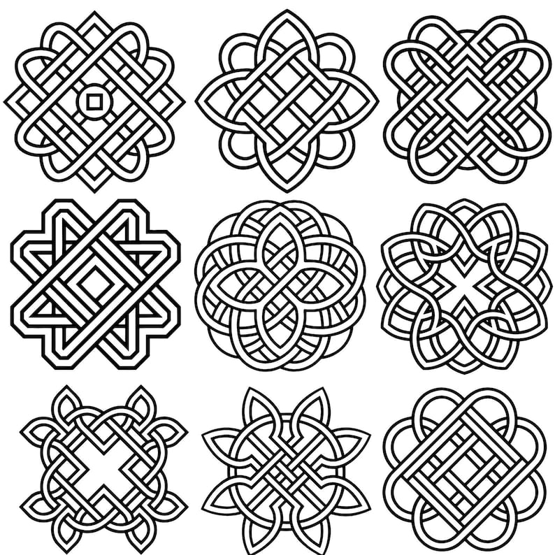 May include: Nine black and white Celtic knot designs. Each design features intricate interwoven lines, creating symmetrical patterns. The knots vary in shape, including squares, circles, and floral-like forms. The designs are suitable for various craft projects.