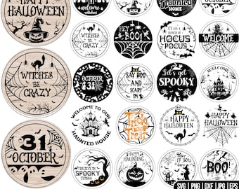 Puede incluir: Un conjunto de 30 letreros de puerta con temática de Halloween, con diseños circulares. Cada letrero presenta gráficos espeluznantes y texto, incluyendo calabazas, murciélagos, telarañas y las palabras "Happy Halloween" y "Welcome".
