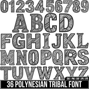 Può includere: Un set di caratteri tribali polinesiani in bianco e nero con numeri e alfabeto. Le lettere e i numeri presentano un design dettagliato. L'immagine include il testo "36 POLYNESIAN TRIBAL FONT".