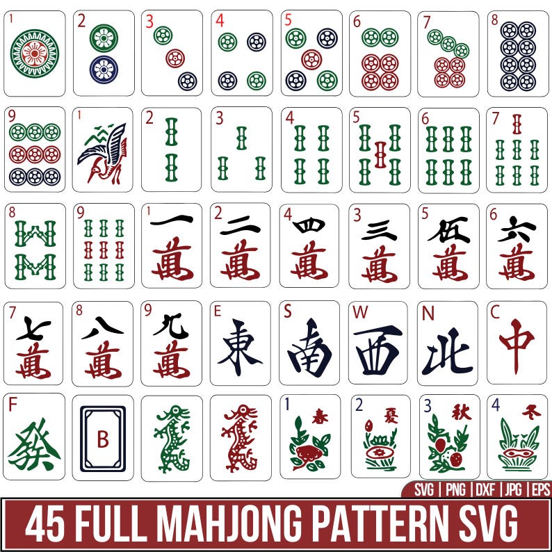 May include: A set of 45 Mahjong pattern SVG files. The cards display different suits, such as circles, bamboo, and characters. The colour scheme includes red, green, and black on a white backdrop. The bottom of the image has the text "45 FULL MAHJONG PATTERN SVG".
