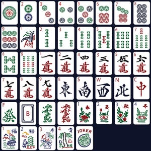 May include: A set of Mahjong tiles, displaying a variety of symbols and numbers. The tiles showcase different suits, such as circles, bamboo, and characters, in a traditional style. The color scheme includes white, green, red, and black.