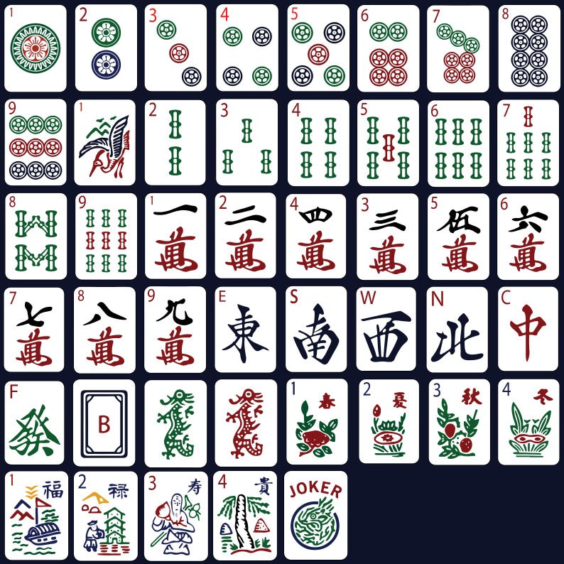 May include: A set of Mahjong tiles, displaying a variety of symbols and numbers. The tiles showcase different suits, such as circles, bamboo, and characters, in a traditional style. The color scheme includes white, green, red, and black.