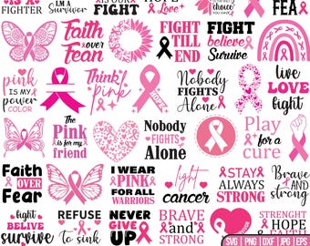 Cancer Awareness SVG PNG Bundle, Breast Cancer Svg, Cancer Svg, Cancer Ribbon Svg, Ribbon Quotes, Pink Ribbon SVG, Digital Files for Cricut