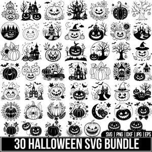 Könnte beinhalten: Schwarz-weißes Halloween-SVG-Bundle mit 30 einzigartigen Designs. Enthält Kürbisse, Spukhäuser, Fledermäuse und andere gruselige Elemente. Formate: SVG, PNG, DXF, JPG und EPS.
