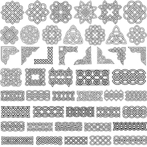 May include: A collection of black and white Celtic knot designs. The image features various patterns, including corner designs, borders, and circular and square knotwork. These intricate designs are suitable for graphic design projects.