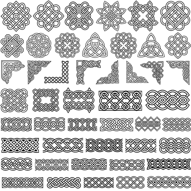 May include: A collection of black and white Celtic knot designs. The image features various patterns, including corner designs, borders, and circular and square knotwork. These intricate designs are suitable for graphic design projects.