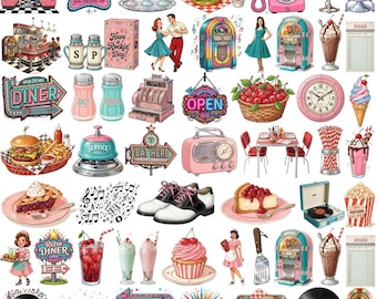 Könnte beinhalten: Eine digitale Sammlung von 50 Retro-Cliparts im Stil der 1950er-Jahre-Diner mit Hamburgern, Milchshakes, Jukeboxen, Vintage-Telefonen, Kirschkuchen, Rollschuhen und Schildern mit dem Text 50 1950S DINER RETRO CLIPART BUNDLE.
