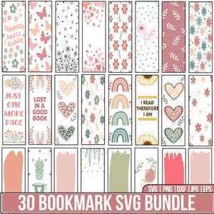 Peut inclure: Un ensemble de 30 marque-pages rectangulaires avec divers motifs. Certains présentent des papillons, des cœurs, des fleurs et des arcs-en-ciel. D'autres ont du texte comme "Through Books I Bloom" et "I Read Therefore I Am". La bannière inférieure indique "30 Bookmark SVG Bundle".