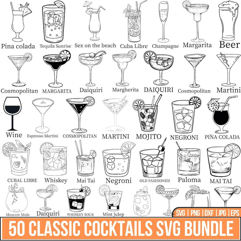 May include: Line art illustration of 50 classic cocktails, including Margarita, Mojito, and Daiquiri. Each drink is labeled with its name. The image includes the text "50 CLASSIC COCKTAILS SVG BUNDLE" at the bottom.