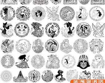 May include: A collection of black and white cartoon movie SVG designs. The designs include various characters and scenes, such as princesses, fairies, and other fantasy figures. The text "50 CARTOON MOVIE SVG BUNDLE" is displayed at the bottom.