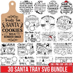 Puede incluir: Un conjunto de diseños SVG navideños, con una tabla de cortar de madera y el texto "Treats For Santa Cookies Milk Reindeer Snack". Incluye frases como "Querido Santa" y "Feliz Navidad".