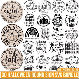 May include: A collection of 30 Halloween-themed round sign SVG designs. The signs feature pumpkins, fall leaves, and phrases like "Hello Pumpkin," "Autumn Blessings," and "Happy Harvest." The designs are in black and white, suitable for various crafting projects.