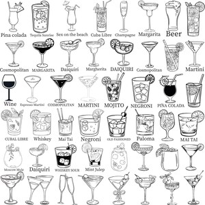 May include: Line art illustration of various cocktails, including Margarita, Martini, and Mojito. Each drink is labeled with its name, such as "Pina Colada" and "Whiskey Sour". The image is in black and white.