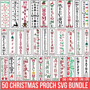 Op de afbeelding: Een verzameling van 50 kerst-veranda SVG-ontwerpen. Elk ontwerp bevat feestelijke teksten zoals "Vrolijk Kerstfeest", "Welkom" en "Geloof", met vakantie-thema graphics in rood, groen en wit. De bundel bevat verschillende bestandsformaten.