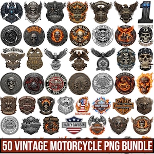 Peut inclure: Une collection de 50 emblèmes graphiques numériques présentant des thèmes de moto, de crâne, d'aigle et de Harley-Davidson avec divers designs métalliques, enflammés et vintage, présentés en grille avec le texte 50 VINTAGE MOTORCYCLE PNG BUNDLE.