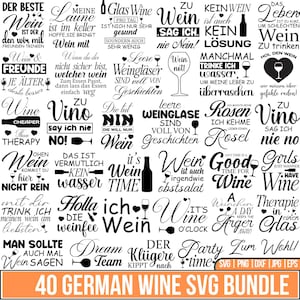 Puede incluir: Un diseño gráfico en blanco y negro con frases y citas relacionadas con el vino en alemán. El diseño incluye copas de vino, botellas y el texto "40 German Wine SVG Bundle."