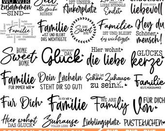 May include: A collection of black and white SVG designs with family-themed phrases in German. The phrases include "Home Sweet Home," "Family," and "Love." The bottom of the image reads "GERMAN FAMILY SVG BUNDLE."