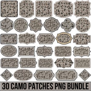 May include: A collection of 30 camo patches in various shapes, including rectangles, ovals, and irregular forms. The patches feature a brown, gray, and tan camouflage pattern. The text "30 CAMO PATCHES PNG BUNDLE" is at the bottom.