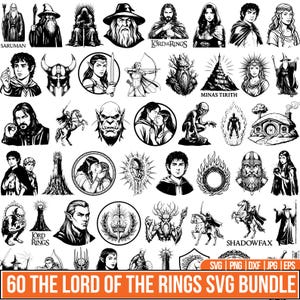 May include: A collection of 60 black and white illustrations from The Lord of the Rings, including characters like Saruman, Gandalf, and Aragorn. The images are in SVG, PNG, DXF, JPG, and EPS formats. The text "60 THE LORD OF THE RINGS SVG BUNDLE" is at the bottom.