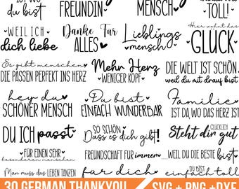 May include: A collection of black text phrases and words in a variety of fonts, including "Lieblingsmensch" and "Danke für Alles." The words are arranged on a white background. The bottom of the image includes the text "30 GERMAN THANKYOU SVG BUNDLE" and file type information.