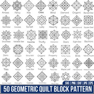 May include: A collection of 50 geometric quilt block patterns in black and white. Each design features intricate line work, including shapes like stars, diamonds, and triangles. The image includes the text "50 Geometric Quilt Block Pattern" and file type options.