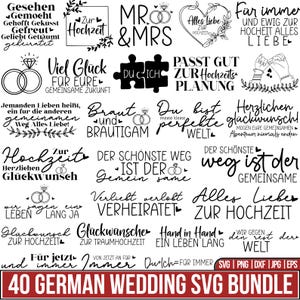 Könnte beinhalten: Eine Sammlung von schwarz-weißen SVG-Designs zum Thema Hochzeit. Die Designs enthalten Sätze wie "Mr. & Mrs.", "Für immer" und "Hand in Hand". Der untere Teil des Bildes lautet "40 GERMAN WEDDING SVG BUNDLE".