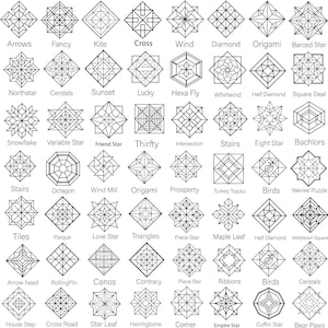 May include: A collection of 49 geometric line art designs, each within a square frame. The designs include shapes like arrows, stars, and diamonds, with labels such as "Origami" and "Cross". The artwork is in black and white.