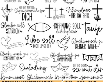 May include: A black and white SVG bundle with German text, including phrases like "Gottes Segen" and "Glückwunsch zur Konfirmation." The design features doves, crosses, and other religious symbols. The bottom text reads "GERMAN KONFIRMATION SVG BUNDLE."